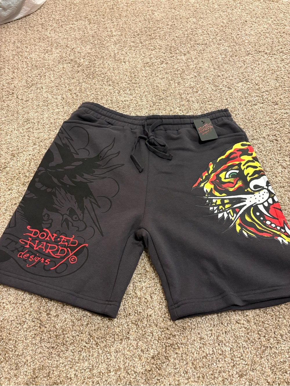 Ed Hardy Black Shorts with Vibrant Tiger Face and Script